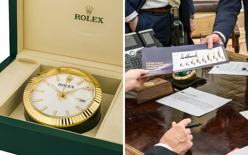 A Rolex quartz desk clock auctioned in 2018 (left) and President Trump’s new clock (right). (Photo Credit: Aniquorum &amp; The White House)