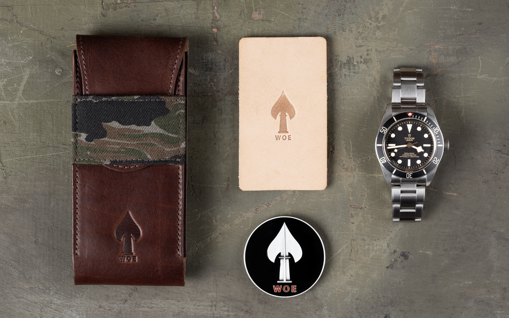 Our first custom Travel Pouch, made by Leather Works Minnesota with repurposed tiger camo from a vintage uniform.